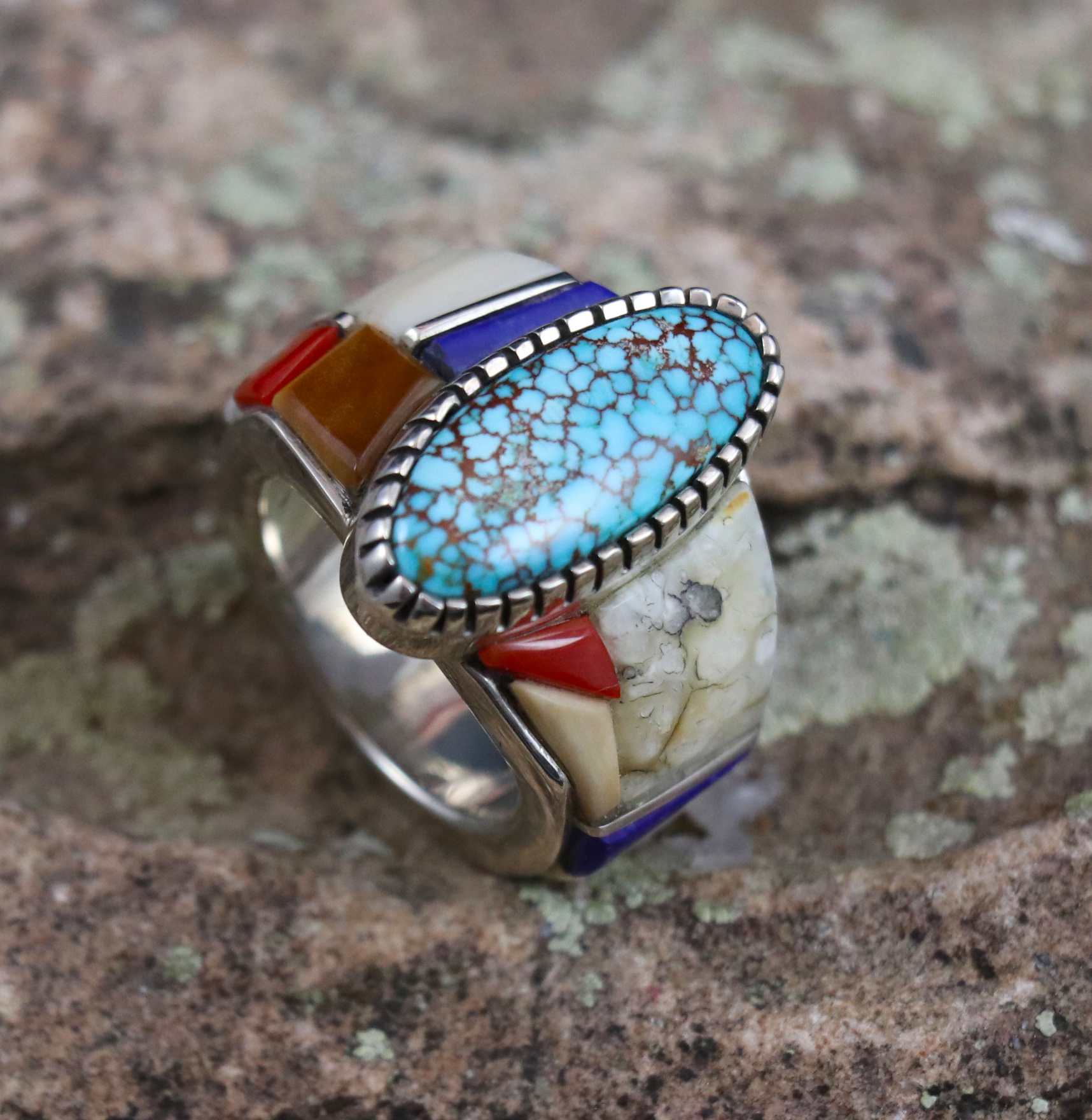 6.12ct #8 Turquoise Stone, Multi Stone Inlay Ring | Legacy Gallery Inc.